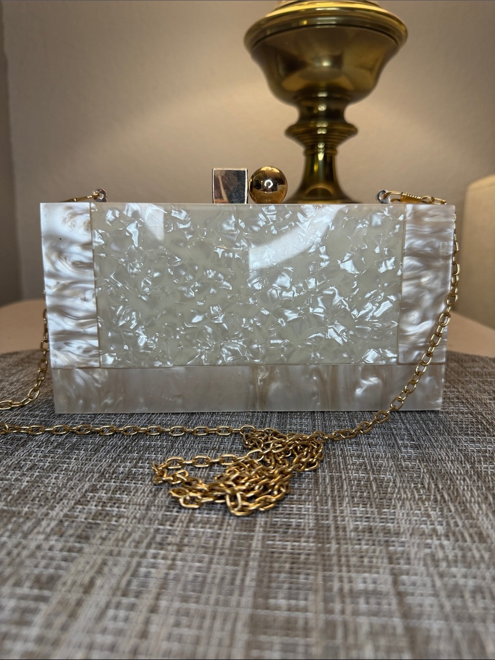 Pearlescent Beige Acrylic Box Clutch with Gold Chain - Picture 3 of 6